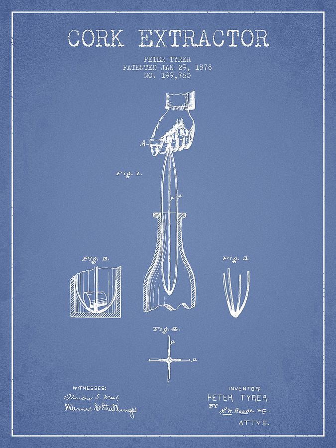 Cork Extractor Patent Drawing From 1878 -light Blue Digital Art