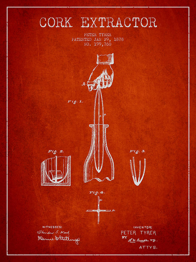Cork Extractor Patent Drawing From 1878 - Red Digital Art