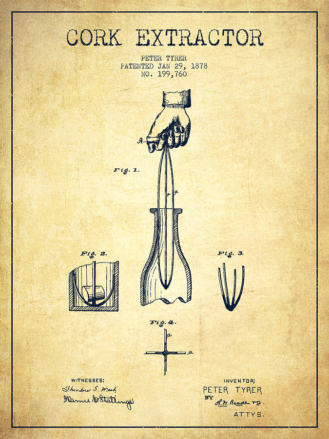 Cork Extractor Patent Drawing From 1878 -vintage Digital Art