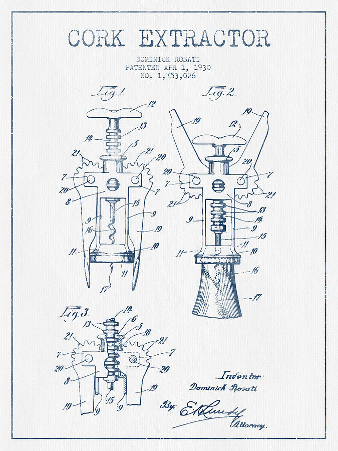 Cork Extractor Patent Drawing From 1930- Blue Ink Digital Art