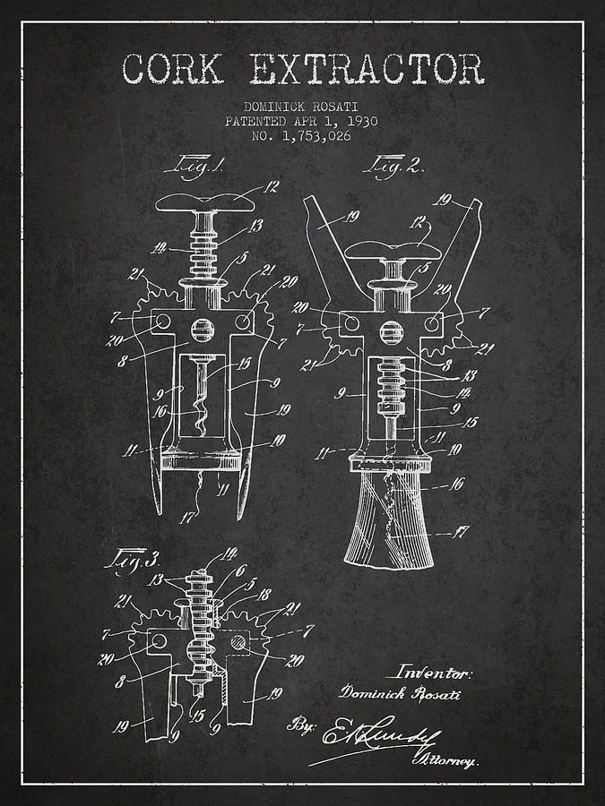 Cork Extractor Patent Drawing From 1930 - Dark Digital Art