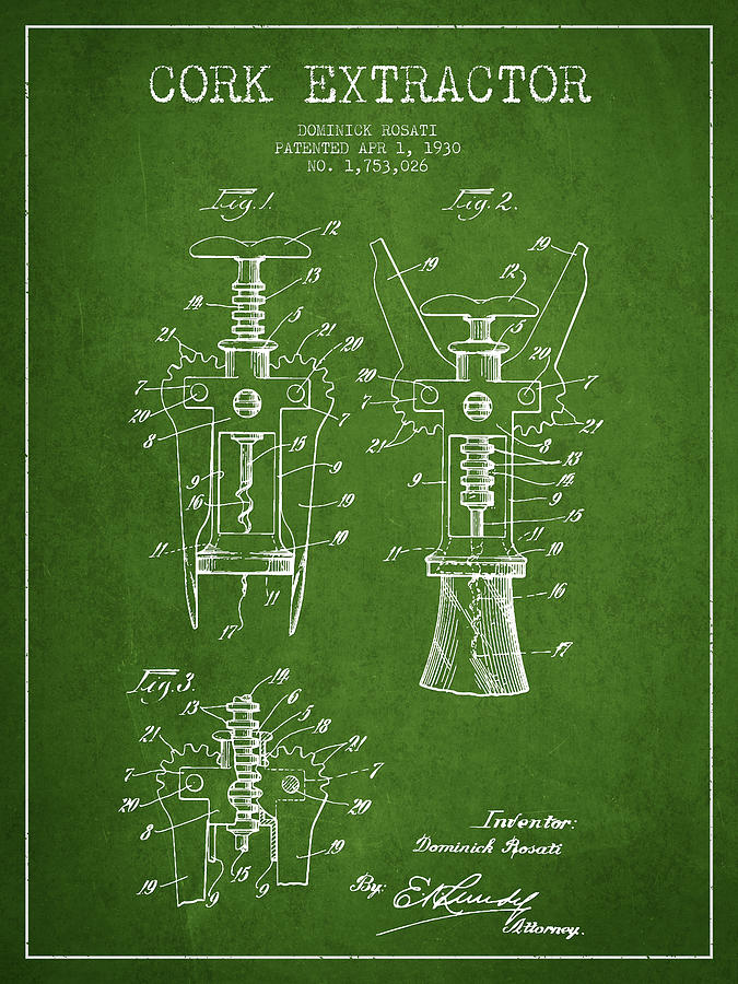 Cork Extractor Patent Drawing From 1930 - Green Digital Art