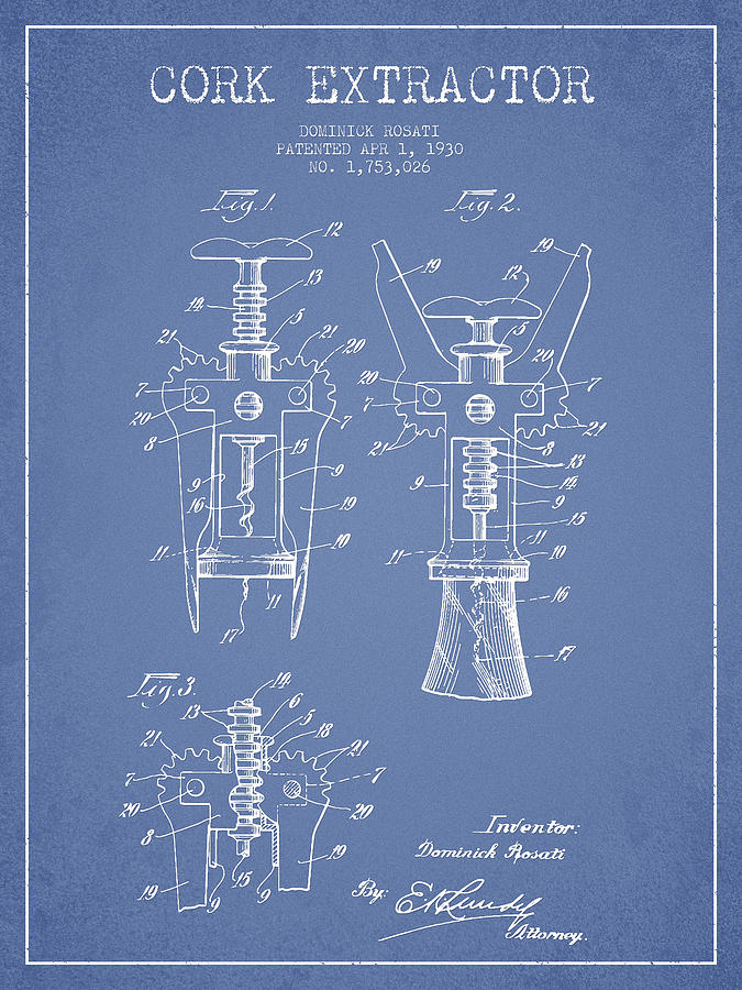 Cork Extractor Patent Drawing From 1930 - Light Blue Digital Art