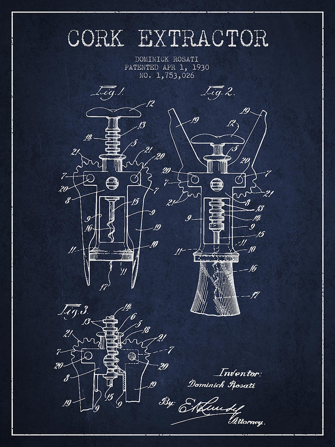 Cork Extractor Patent Drawing From 1930 - Navy Blue Digital Art