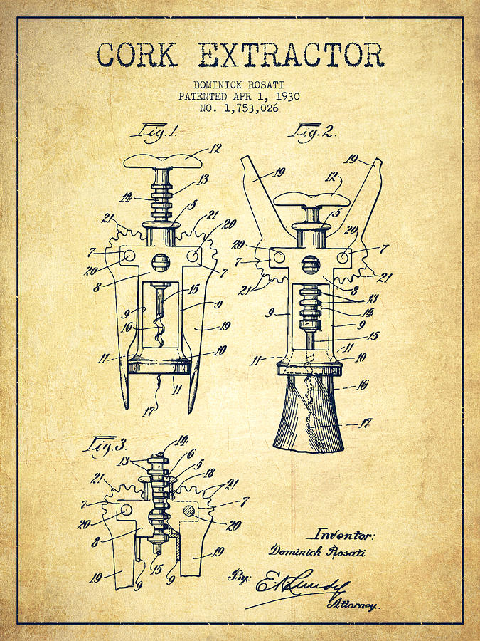 Wine Digital Art - Cork Extractor patent Drawing from 1930 - Vintage by Aged Pixel