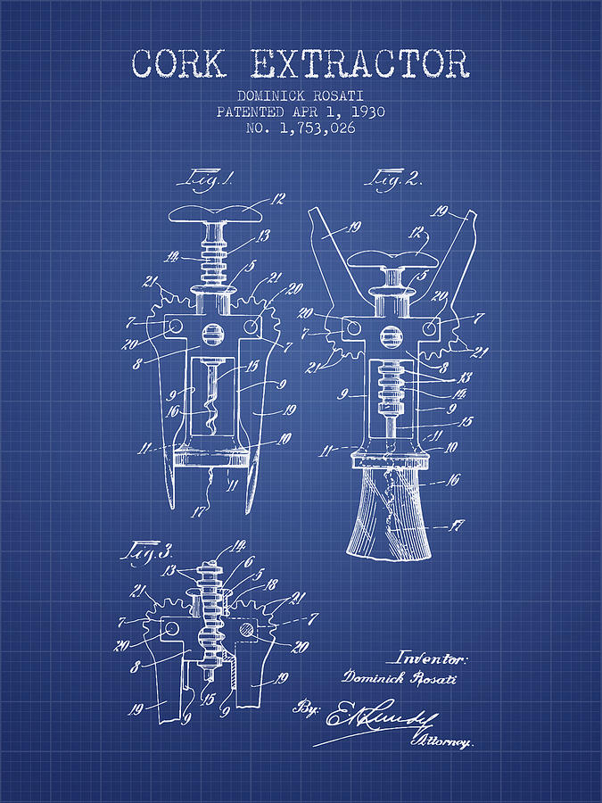Cork Extractor Patent From 1930- Blueprint Digital Art