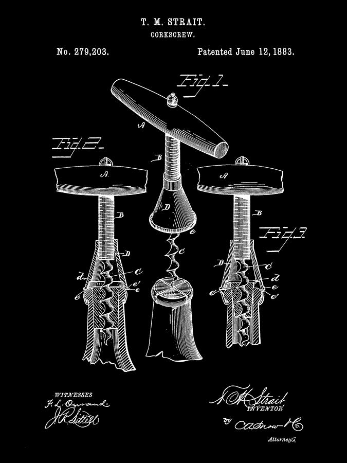 Corkscrew Patent 1883 - Black Digital Art by Stephen Younts