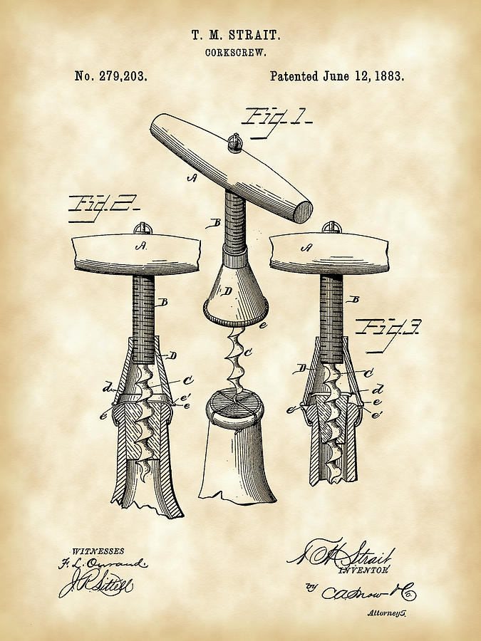 Wine Digital Art - Corkscrew Patent 1883 - Parchment by Stephen Younts