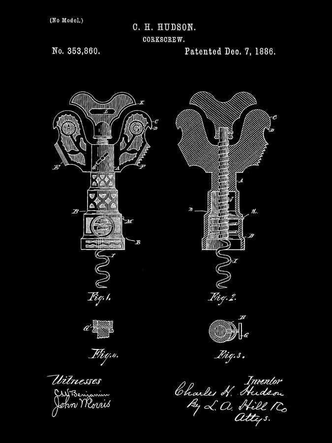Corkscrew Patent 1886 - Black Digital Art by Stephen Younts