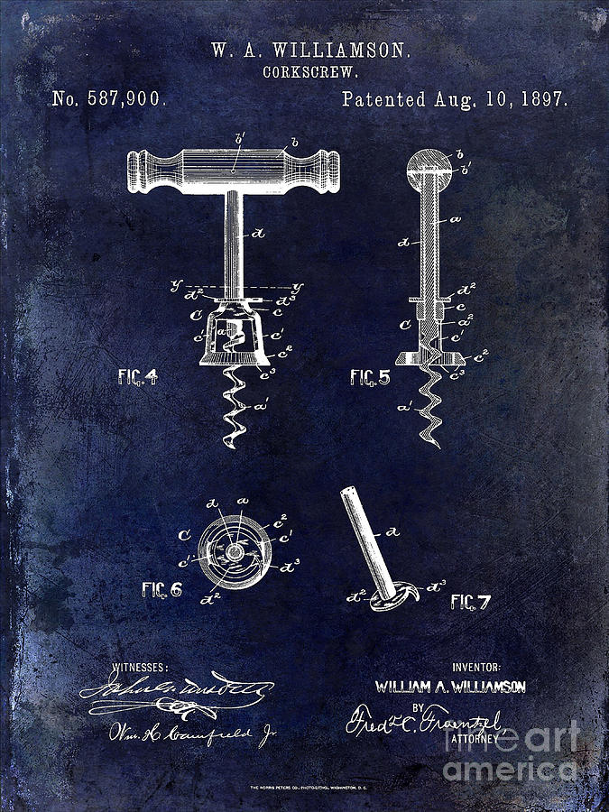 Corkscrew Patent 1897 Blue Photograph by Jon Neidert