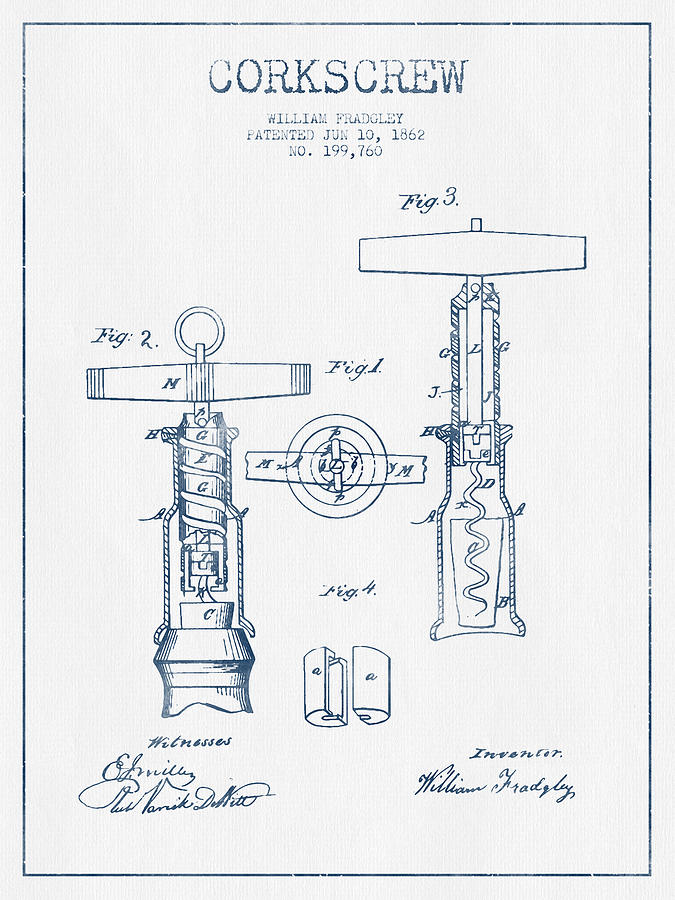 Corkscrew Patent Drawing From 1862 - Blue Ink Digital Art