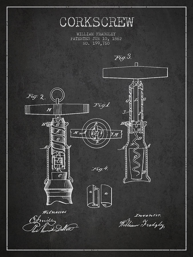 Corkscrew Patent Drawing From 1862 - Dark Digital Art