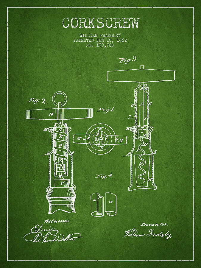 Corkscrew Patent Drawing From 1862 - Green Digital Art