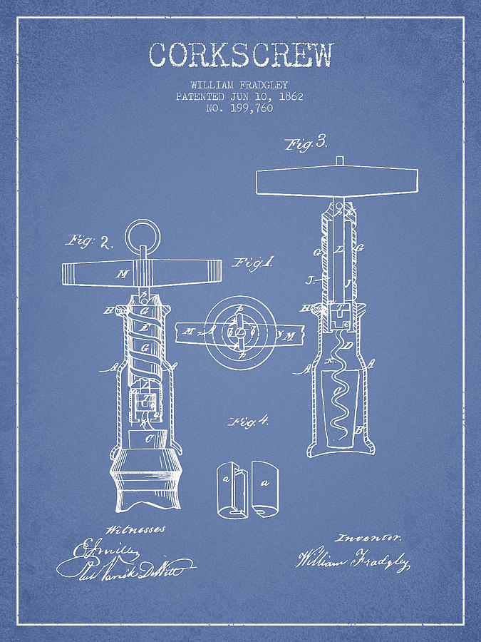 Corkscrew Patent Drawing From 1862 -light Blue Digital Art