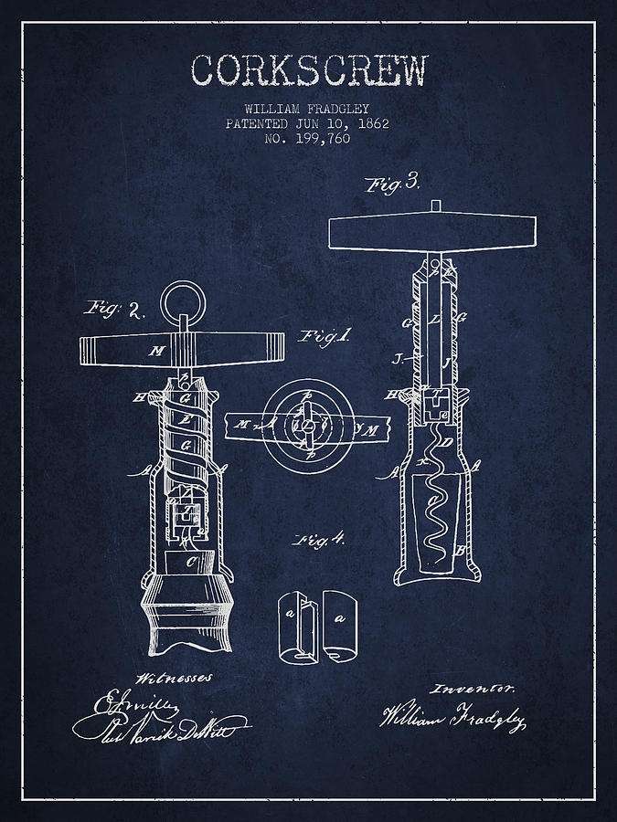 Corkscrew Patent Drawing From 1862 - Navy Blue Digital Art