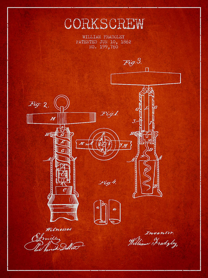 Corkscrew Patent Drawing From 1862 - Red Digital Art
