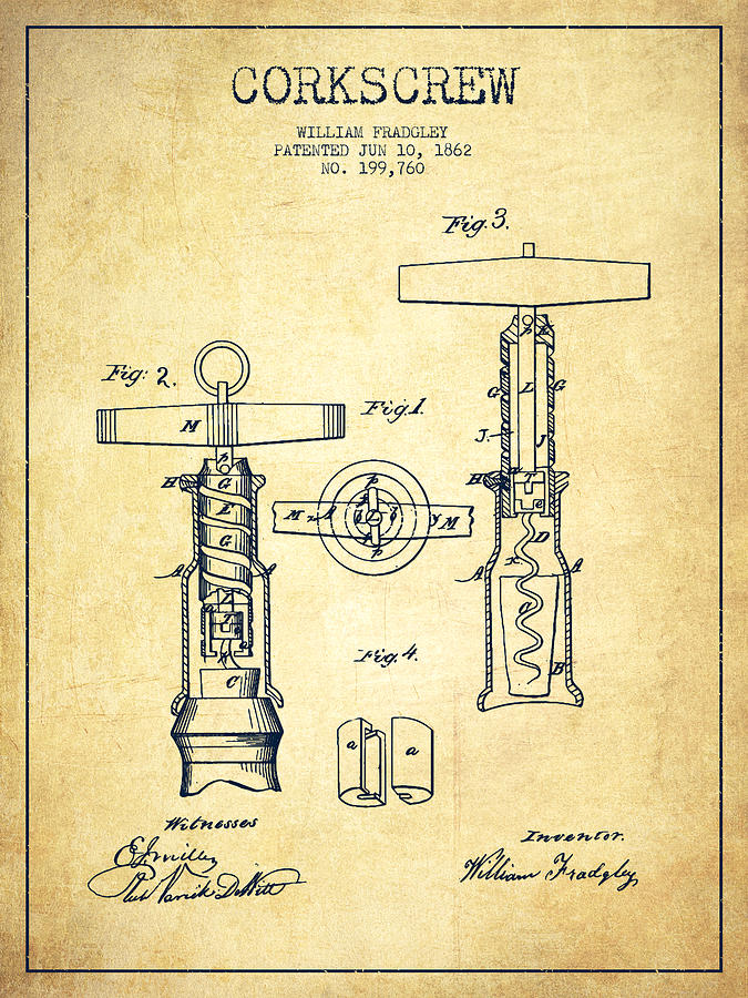 Corkscrew Patent Drawing From 1862 -vintage Digital Art