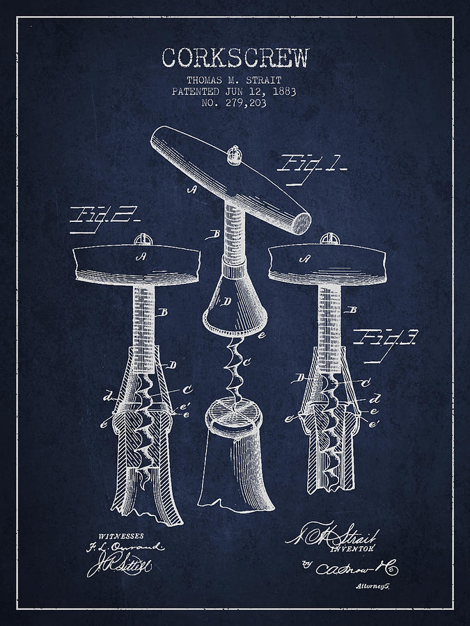 Wine Digital Art - Corkscrew patent Drawing from 1883 by Aged Pixel