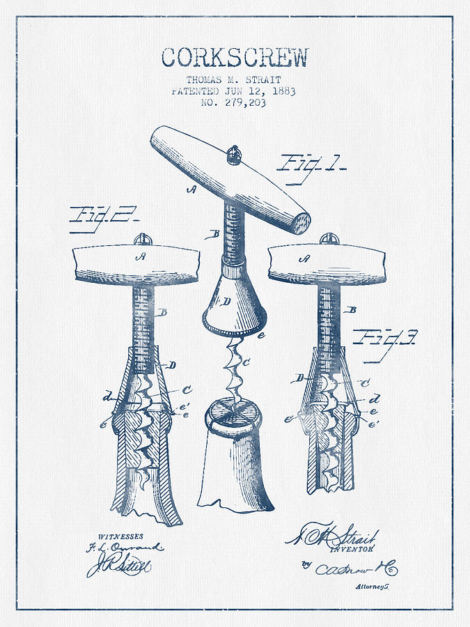 Corkscrew Patent Drawing From 1883- Blue Ink Digital Art
