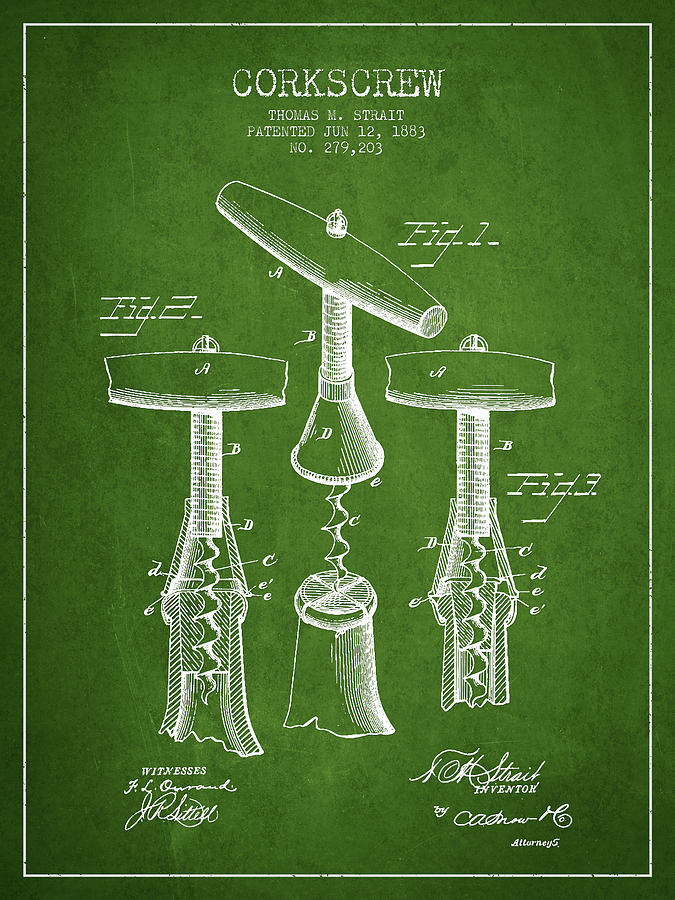Corkscrew Patent Drawing From 1883 - Green Digital Art