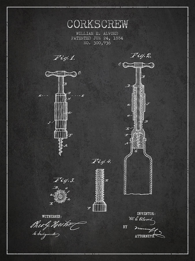 Wine Digital Art - Corkscrew patent Drawing from 1884 by Aged Pixel
