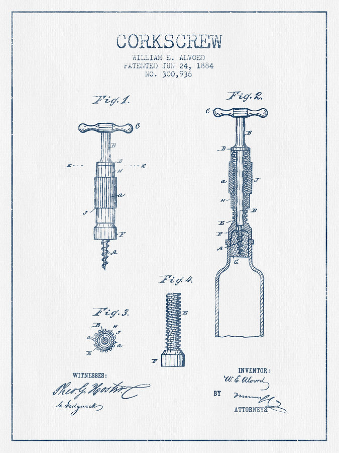 Corkscrew Patent Drawing From 1884- Blue Ink Digital Art