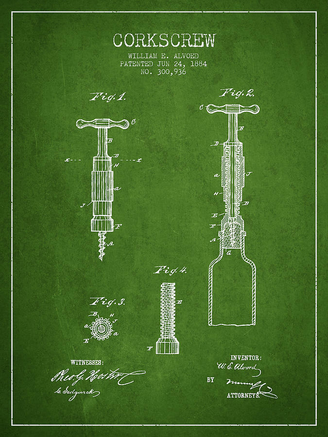 Corkscrew Patent Drawing From 1884 - Green Digital Art