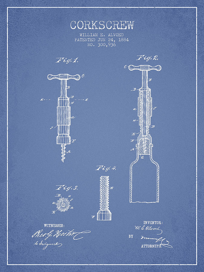 Corkscrew Patent Drawing From 1884 - Light Blue Digital Art