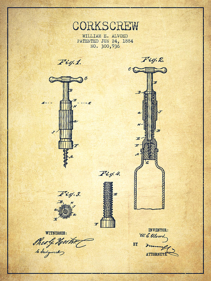 Corkscrew Patent Drawing From 1884 - Vintage Digital Art