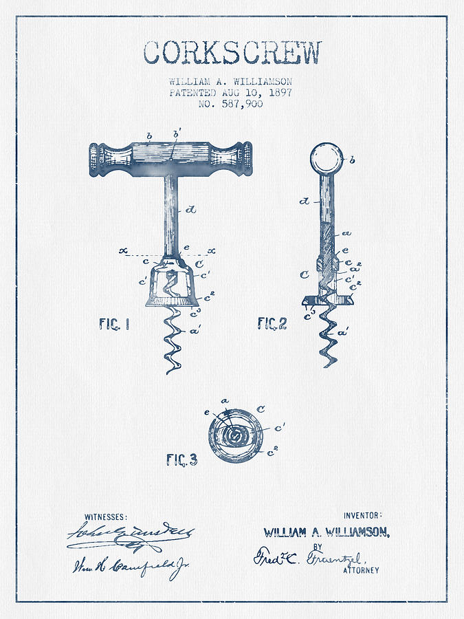 Corkscrew Patent Drawing From 1897 - Blue Ink Digital Art