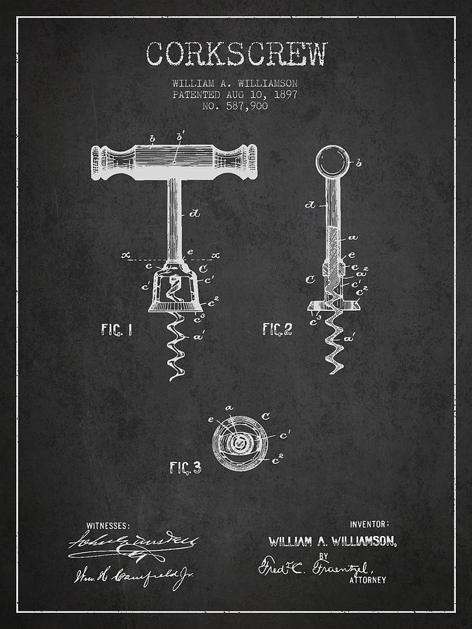 Corkscrew Patent Drawing From 1897 - Dark Digital Art