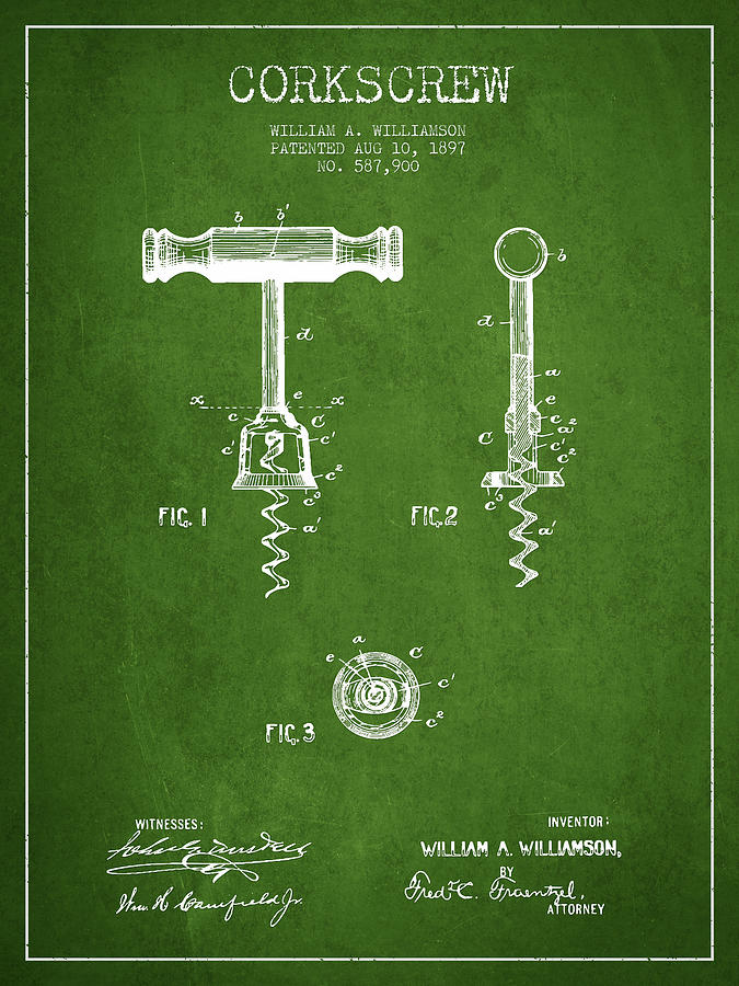 Corkscrew Patent Drawing From 1897 - Green Digital Art