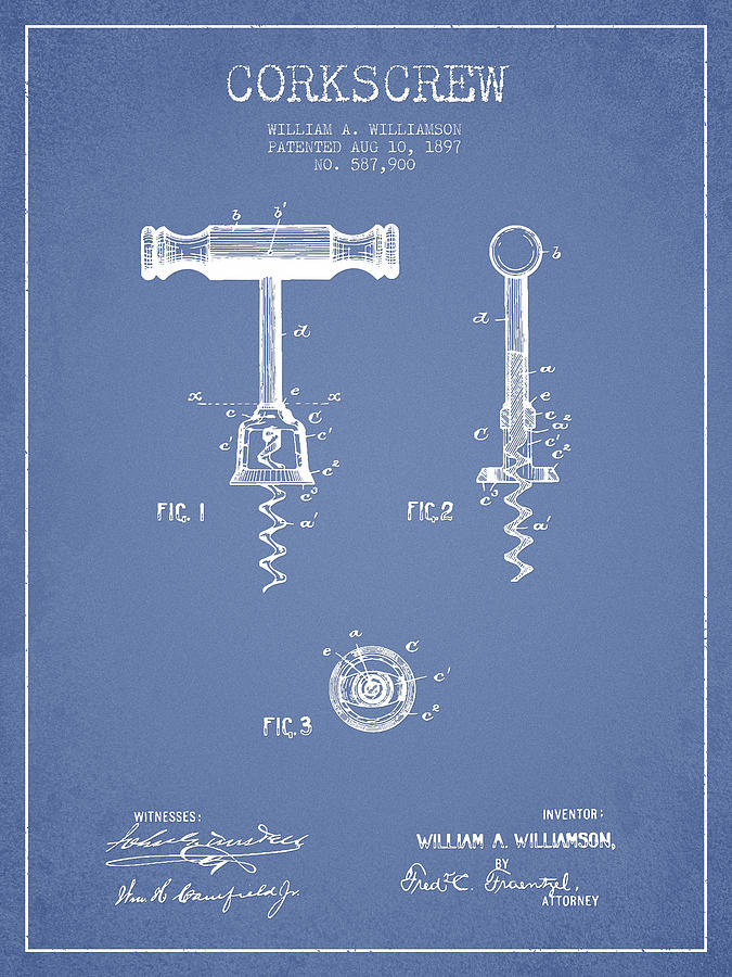 Corkscrew Patent Drawing From 1897 - Light Blue Digital Art