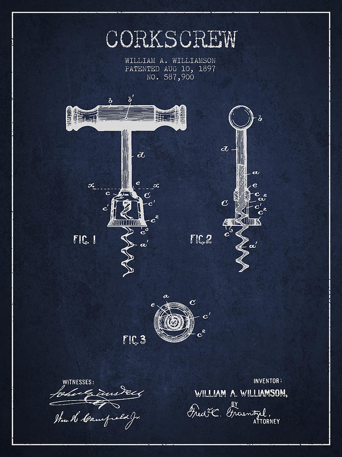 Corkscrew Patent Drawing From 1897 - Navy Blue Digital Art