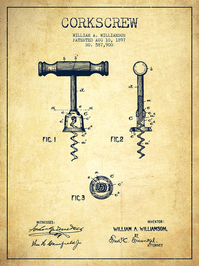 Wine Digital Art - Corkscrew patent Drawing from 1897 - Vintage by Aged Pixel