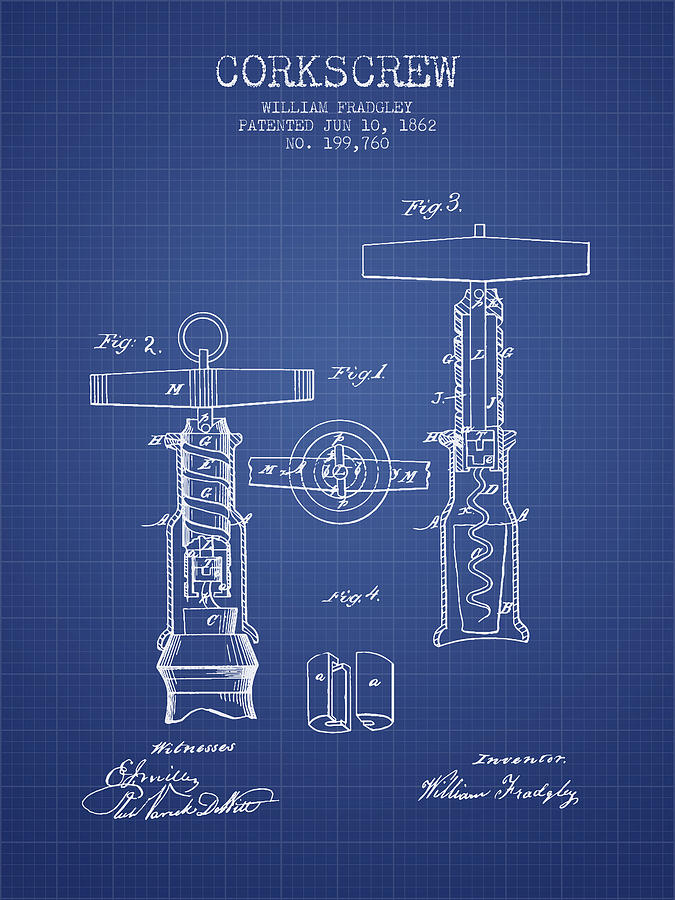 Corkscrew Patent From 1862- Blueprint Digital Art