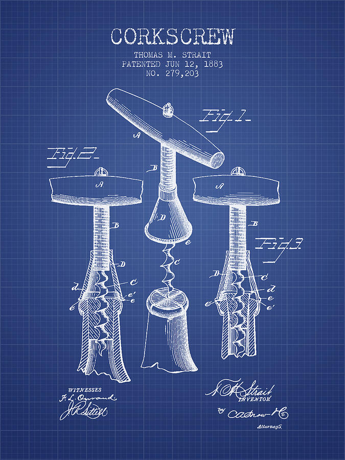 Wine Digital Art - Corkscrew patent from 1883- Blueprint by Aged Pixel