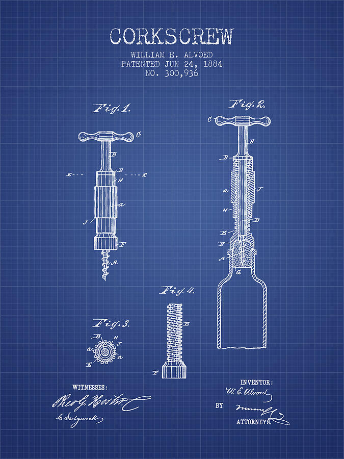 Corkscrew Patent From 1884- Blueprint Digital Art