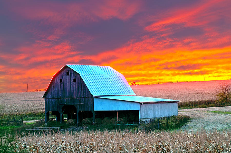 Sunset Photograph - Corn Patch Barn Sundown by Randall Branham