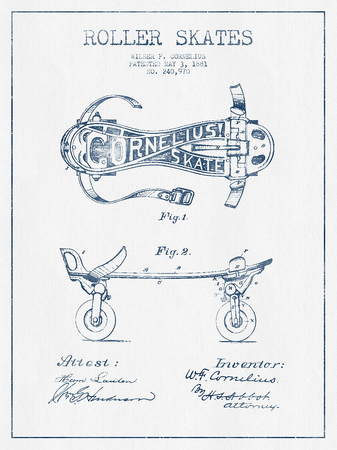 Vintage Digital Art - Cornelius Roller Skate Patent Drawing from 1881  - Blue Ink by Aged Pixel