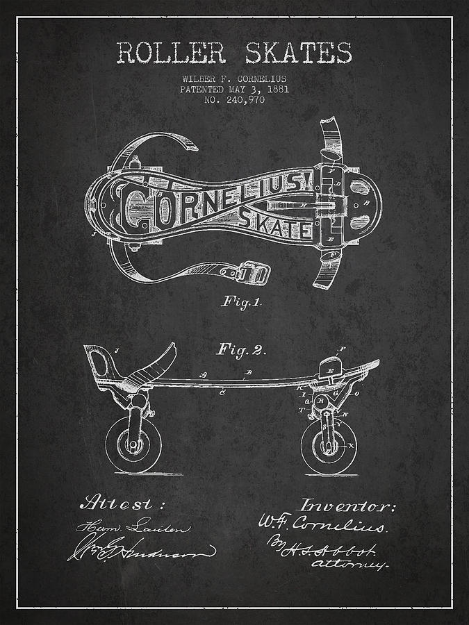 Vintage Digital Art - Cornelius Roller Skate Patent Drawing from 1881 - Dark by Aged Pixel