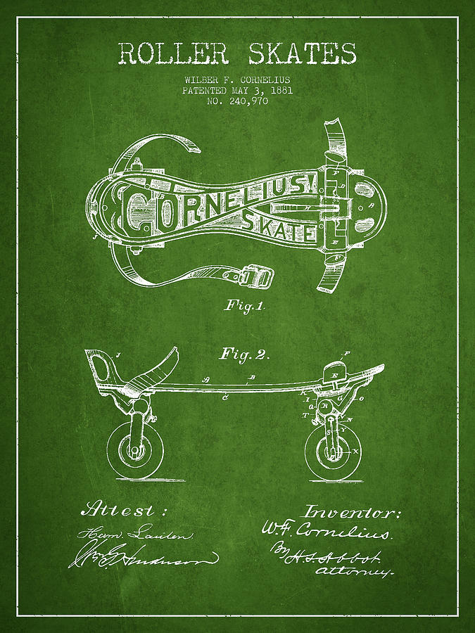 Vintage Digital Art - Cornelius Roller Skate Patent Drawing from 1881 - Green by Aged Pixel