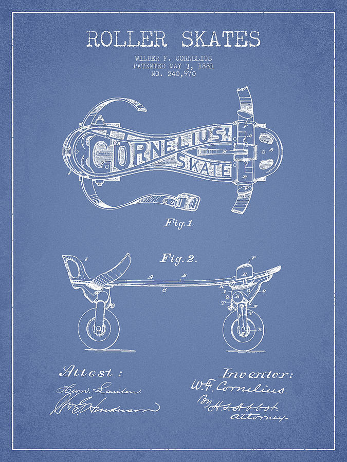 Vintage Digital Art - Cornelius Roller Skate Patent Drawing from 1881 - Light Blue by Aged Pixel