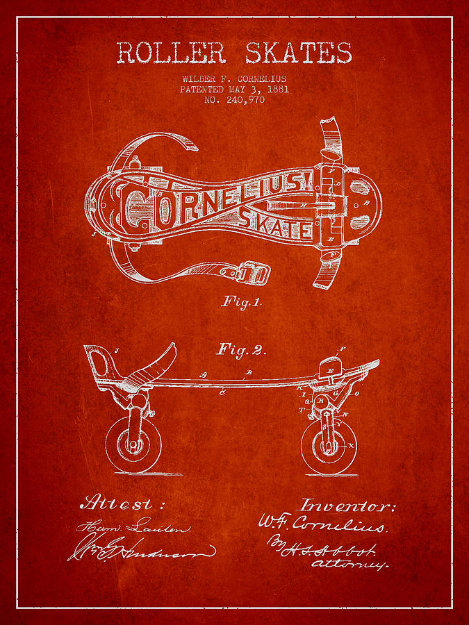Vintage Digital Art - Cornelius Roller Skate Patent Drawing from 1881 - Red by Aged Pixel