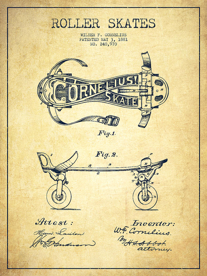 Vintage Digital Art - Cornelius Roller Skate Patent Drawing from 1881 - Vintage by Aged Pixel