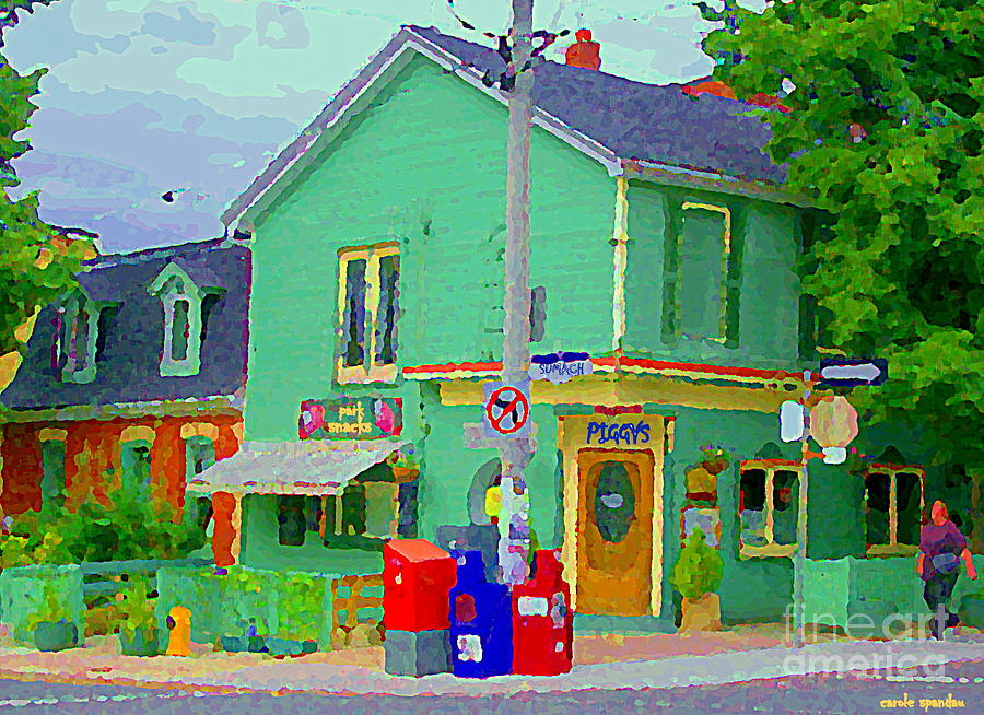 Corner Stores Toronto Street Scene Paintings Park Snacks Piggys Brunch And Ice Cream Shop Cspandau  Painting by Carole Spandau