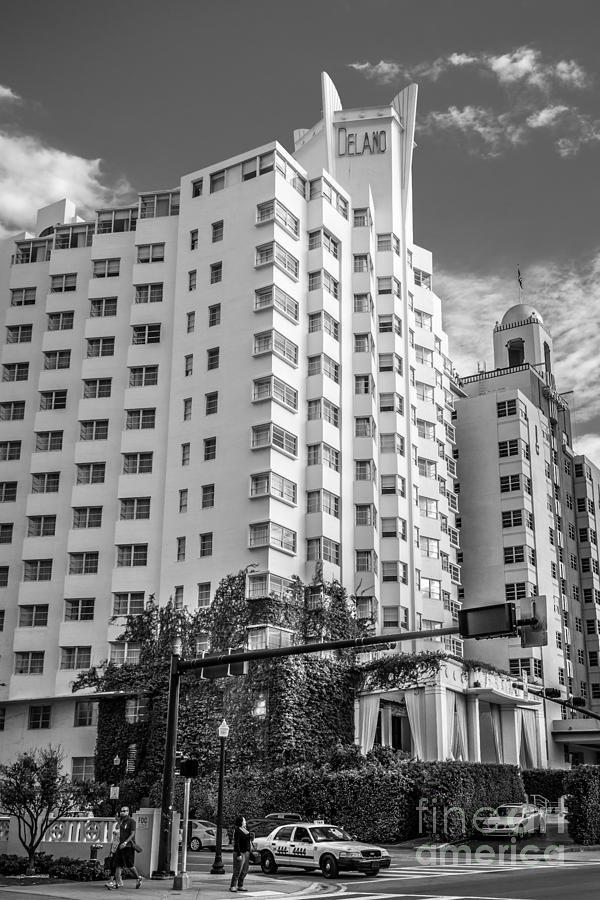 Black And White Photograph - Corner view of Delano Hotel and National Hotel - South Beach - Miami - Florida - Black and White by Ian Monk