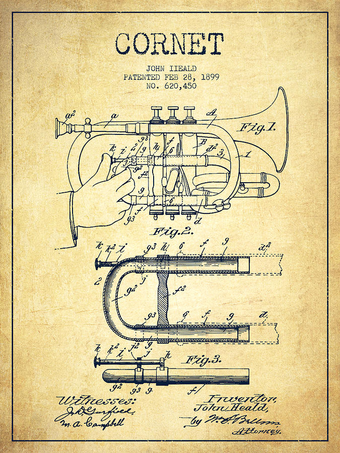 Cornet Patent Drawing From 1899 - Vintage Digital Art