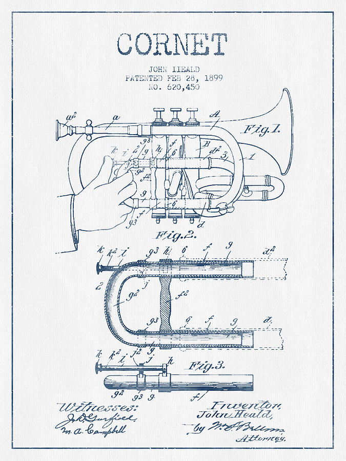 Cornet Patent Drawing From 1899 - Blue Ink Digital Art