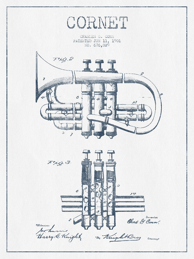Cornet Patent Drawing From 1901 - Blue Ink Digital Art